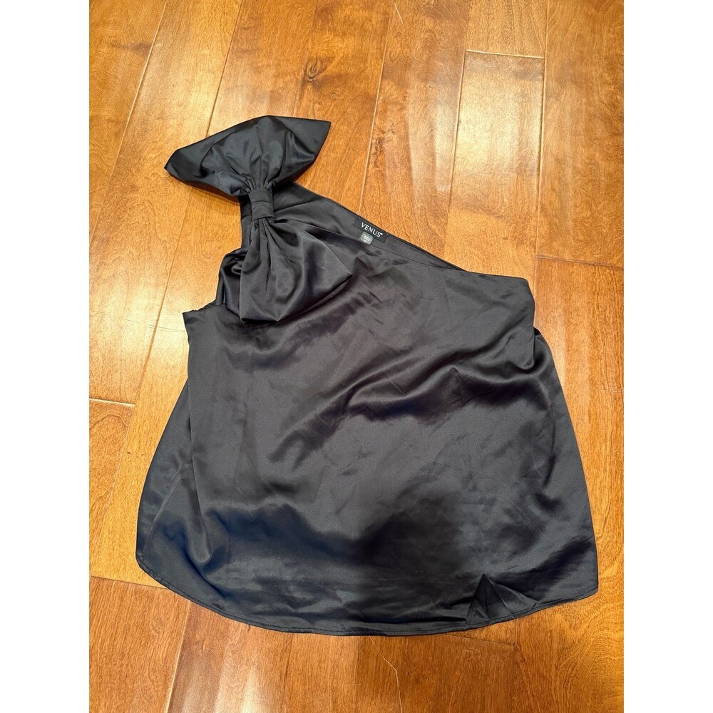 Venus black silky one shoulder shirt top with bow size 12 NWOT